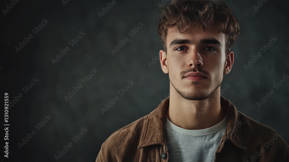 Obraz premium Portrait of a Young Man with Stylish Hair and Casual Attire Against a Dark Background