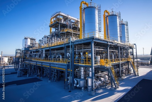 Large industrial plant with complex piping and storage tanks under a clear blue sky. Illustrates modern industrial processes and manufacturing.