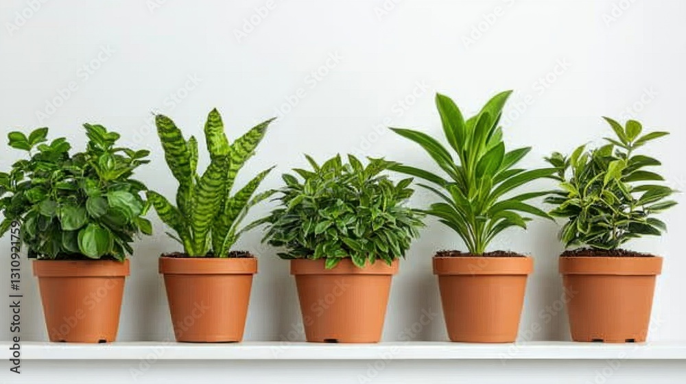 Fototapeta premium Indoor Green Plants in Terracotta Pots on White Shelf