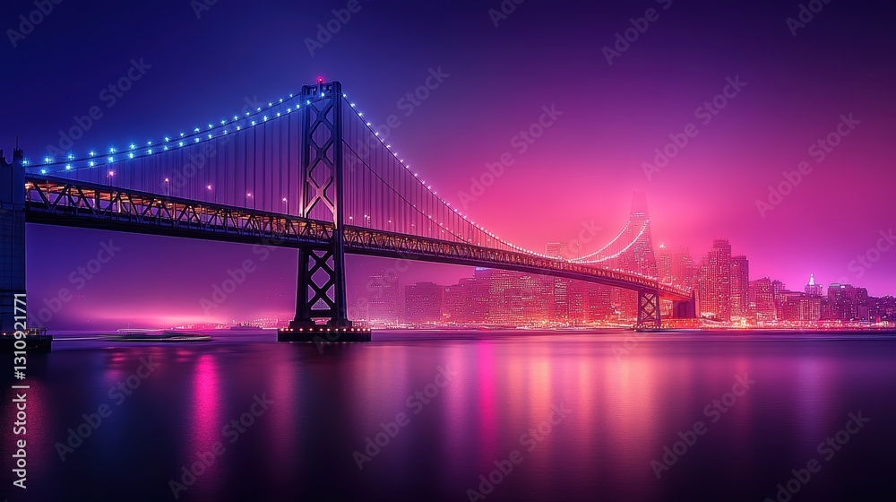 Fototapeta premium a city bridge leading to a skyline lit by a sea of vibrant lights. The sharp foreground captures streaks of headlights and taillights, while blurred boats pass beneath the bridge,