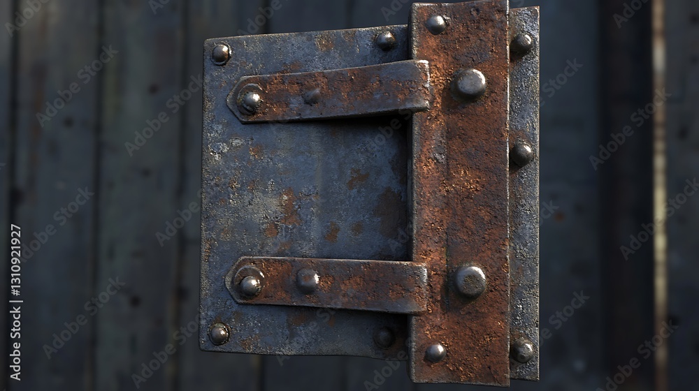Fototapeta premium A close-up of a rusty metal hinge mounted on a wooden surface.