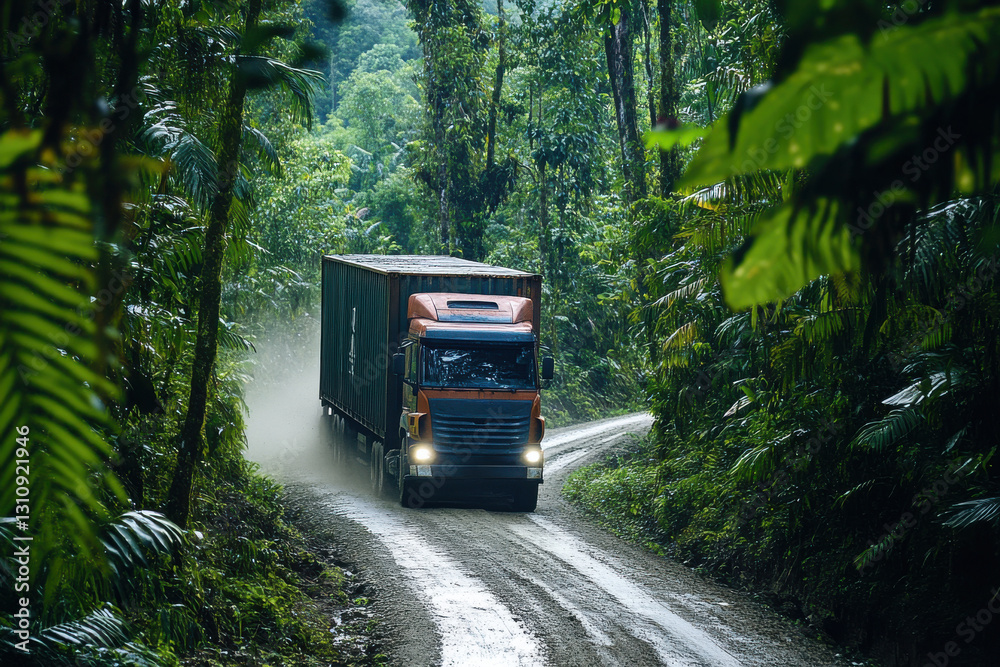 Truck transporting a container through a winding forest road Truck transporting a container through a winding forest road