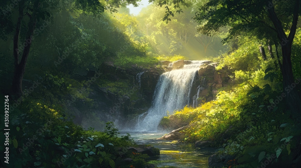 Serene Waterfall in Lush Forest: A Digital Painting of Tranquility Serene Waterfall in Lush Forest: A Digital Painting of Tranquility