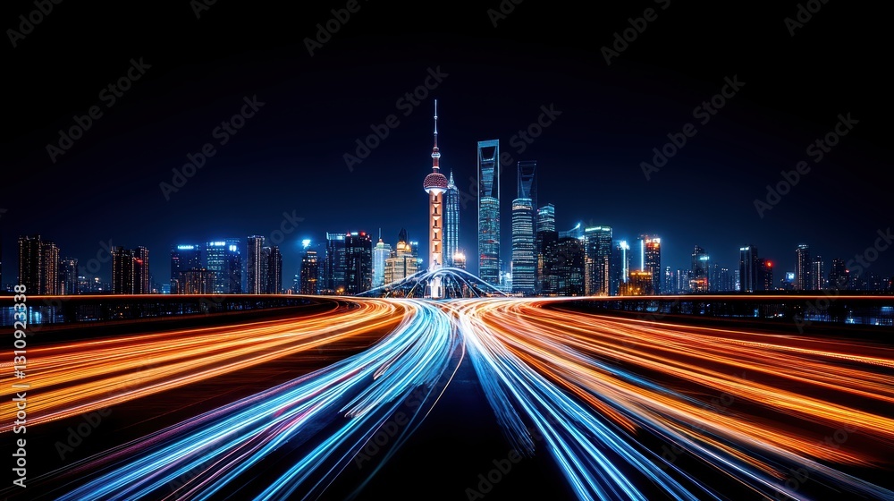 Fototapeta premium a futuristic city skyline under a clear night sky, with a sleek, illuminated bridge connecting two parts of the metropolis. The sharp foreground highlights a cyclist on the bridge,