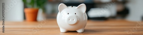 Minimalist Financial Wellness Gen Z Savings Strategy with Ceramic Piggy Bank on Sustainable Wood - Empowering Personal Budget Management and Digital Finance Trends
