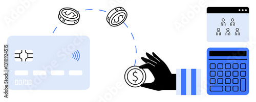 Hand moving coins between credit card and online interface. Ideal for finance, money transfer, e-commerce, budgeting, payment systems, digital banking, economic planning. Flat simple metaphor