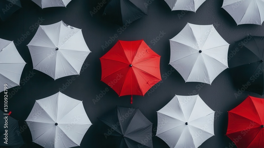 Obraz premium Overhead View of Red Umbrella Surrounded by White and Black Umbrellas