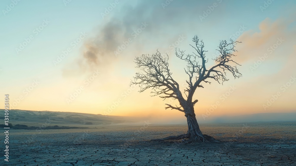 Climate Change drought idea. A solitary tree stands in a barren landscape during a serene sunset. Climate Change drought idea. A solitary tree stands in a barren landscape during a serene sunset.