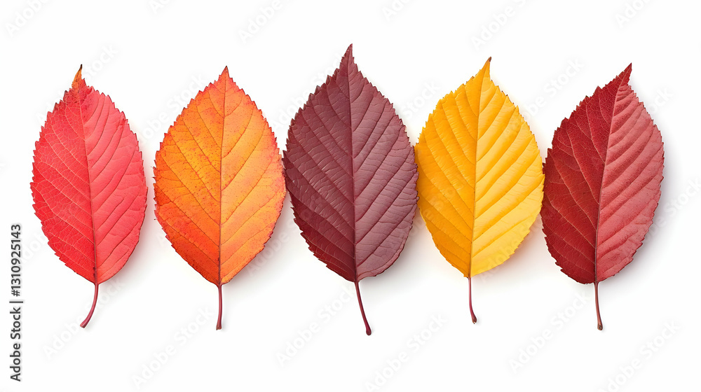 Colorful Autumn Leaves Displayed in Sequence on White Background Colorful Autumn Leaves Displayed in Sequence on White Background
