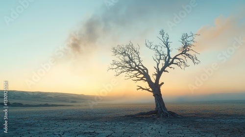 Climate Change drought idea. A solitary tree stands in a barren landscape during a serene sunset.