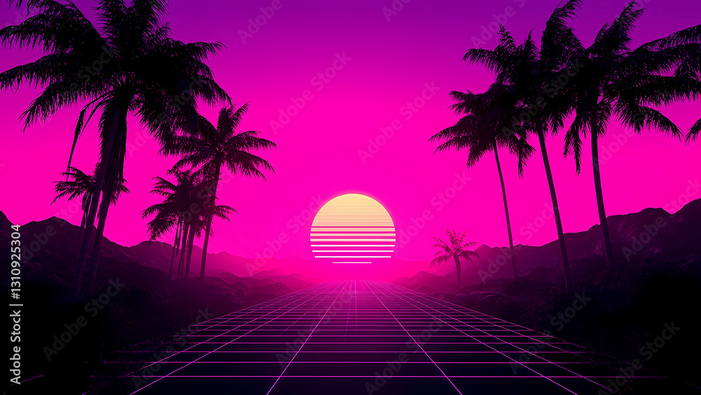 Fototapeta premium A retro-futuristic vaporwave scene with palm trees silhouetted against a bright pink and purple sunset