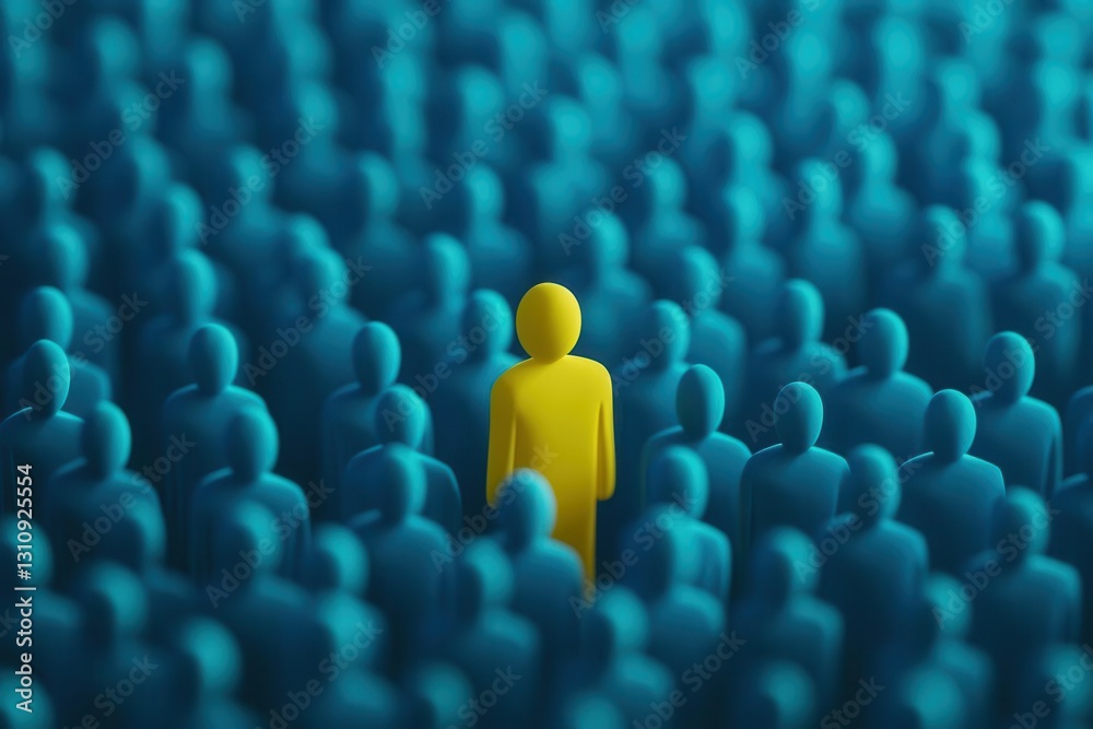 Obraz premium single yellow figure standing confidently amid sea of identical blue figures, visually representing individuality, talent acquisition, and the search for exceptional candidates in business