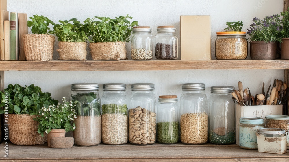 A Rustic Kitchen Shelving Display Featuring Assorted Herbs, Spices, and Grains in Clear Jars, Perfect for a Natural and Organized Culinary Space. A Rustic Kitchen Shelving Display Featuring Assorted Herbs, Spices, and Grains in Clear Jars, Perfect for a Natural and Organized Culinary Space.