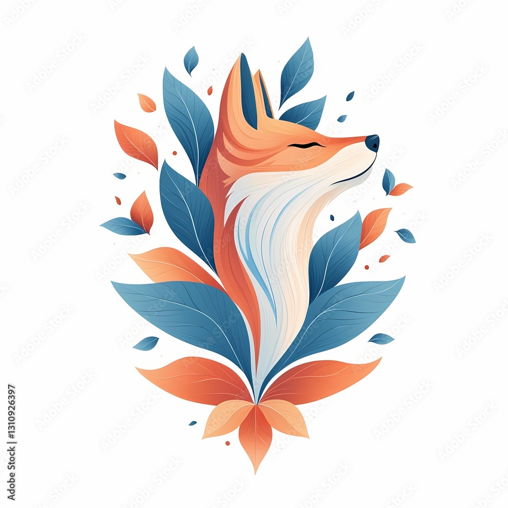 Obraz premium Watercolor fox with floral elements and leaves