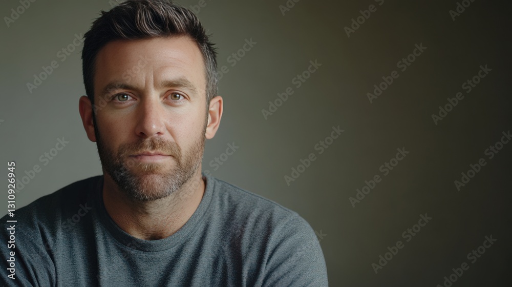Confident Man with Beard in Casual Attire Against a Neutral Background Confident Man with Beard in Casual Attire Against a Neutral Background