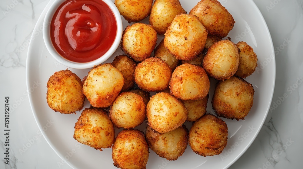 Crispy fried potato bites and ketchup presented on a plate Crispy fried potato bites and ketchup presented on a plate