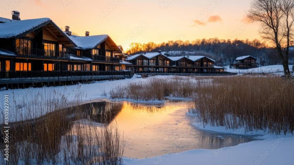 Fototapeta premium A Serene Winter Sunset Over Lakeside Cabins Reflecting Gold and Orange Hues Amidst a Snowy Landscape in a Tranquil Natural Setting.