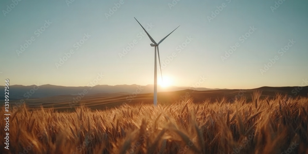 Obraz premium A Majestic Wind Turbine Standing Tall Amidst Golden Wheat Fields Under a Serene Sunset, Symbolizing the Harmony Between Nature and Renewable Energy in Rural Landscapes.
