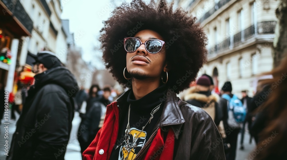 Fototapeta premium Wide-angle portrait of people in Montmartre, Paris, with afro hair and streetwear clothing.