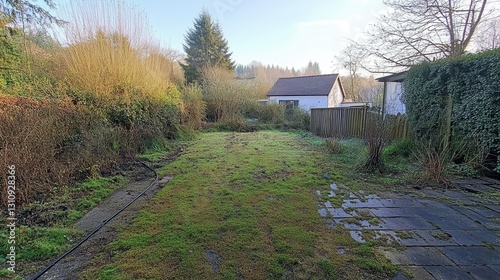 Overgrown Garden Space with Moss and Sparse Vegetation in Daylight