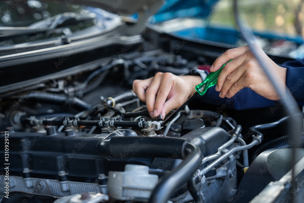 Mechanic is working on car engine using green tools. Focused and focused concept while being a car mechanic. Mechanic is working on car engine using green tools. Focused and focused concept while being a car mechanic.