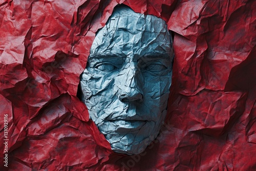 a man's face formed from origami paper, messy curves and folds in black and silver, close up