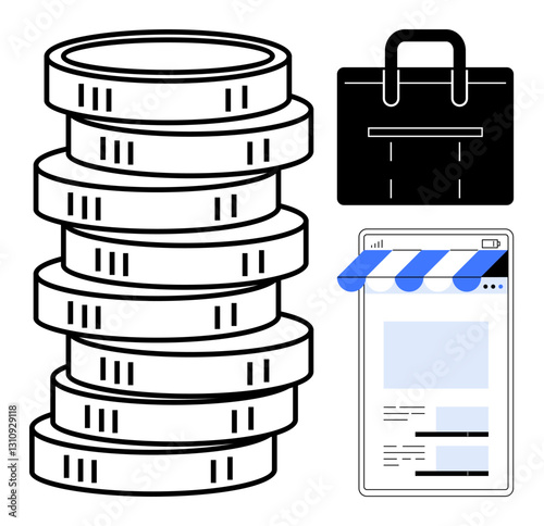 Coins stacked in a pile, briefcase for business, and online storefront interface for digital commerce. Ideal for business, finance, e-commerce, investment, entrepreneurship, digital sales fintech