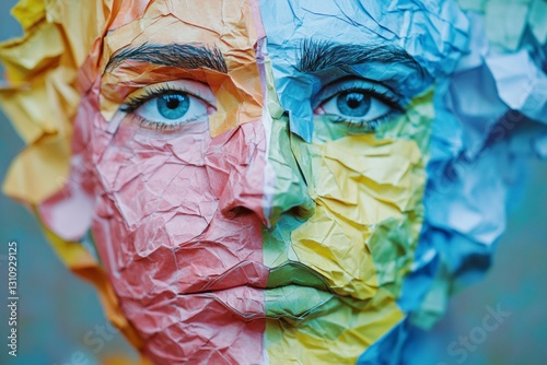 a man's face formed from origami paper, messy curves and folds in black and silver, close up