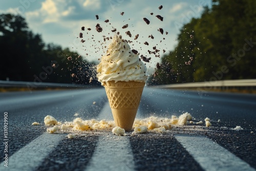 ice cream standing in the middle of the road with sprinkles and melted ice cream