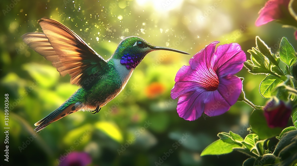 Fototapeta premium an illustration of hummingbird hunting a nectar from the flower