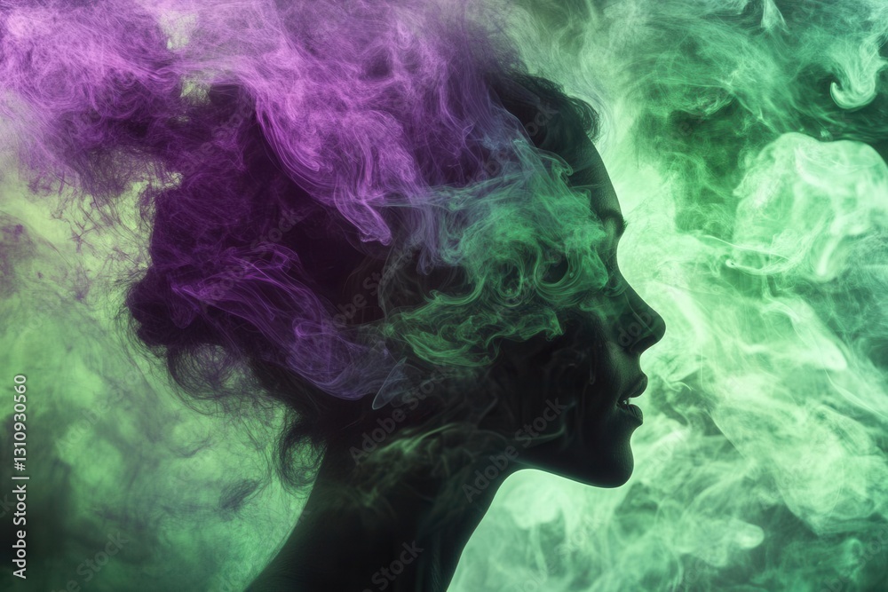 swirling toxic green and purple vapors enveloping a silhouetted figure's head, creating an ethereal, surreal visualization of mental confusion and cognitive impairment