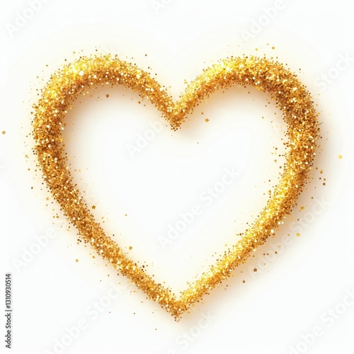 Golden heart shape made of glistering sparkles, shimmering reflective dots. Shiny metallic glitter frame ideal for luxury elegant decor, rich glamourous overlay, vibrant Valentines Day celebration