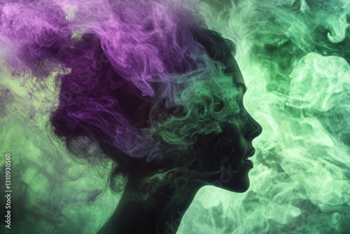 Obraz na płótnie swirling toxic green and purple vapors enveloping a silhouetted figure's head, creating an ethereal, surreal visualization of mental confusion and cognitive impairment w salonie