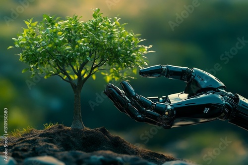 Smart Artificial Intelligence robot hand is planting green tree seedlings, keeping the earth's environment alive in the future, close-up photo
