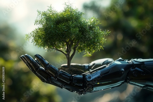 Smart Artificial Intelligence robot hand is planting green tree seedlings, keeping the earth's environment alive in the future, close-up photo