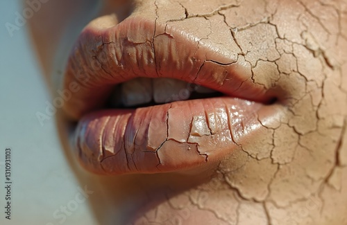 Close-up shot of cracked lips, dry earth texture. Suggests dehydration, thirst. Skincare concept dryness, fragility. Beauty, health treatment visuals for lip care, cosmetics, arid climate awareness.