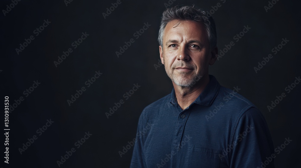 Confident Middle-Aged Man in Casual Attire Against Dark Background Confident Middle-Aged Man in Casual Attire Against Dark Background
