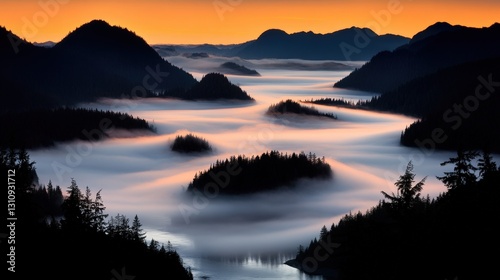 Serene Twilight Over a Misty Coastal Landscape with Mountains and Waterways, Emphasizing Natural Beauty and Tranquility at Dusk.