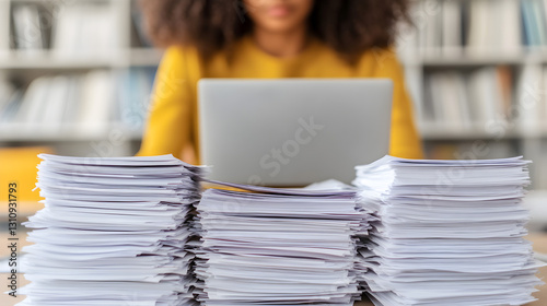 Office worker managing extensive paperwork and laptop chaos modern workspace digital era