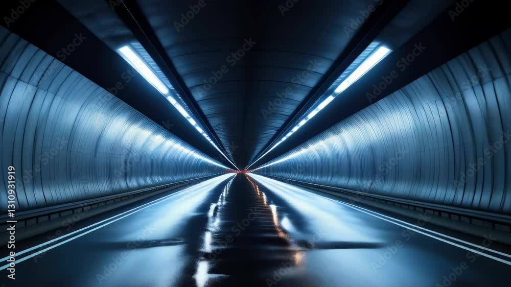 Illuminated tunnel stretch with reflections showcasing light play on wet asphalt at night Illuminated tunnel stretch with reflections showcasing light play on wet asphalt at night
