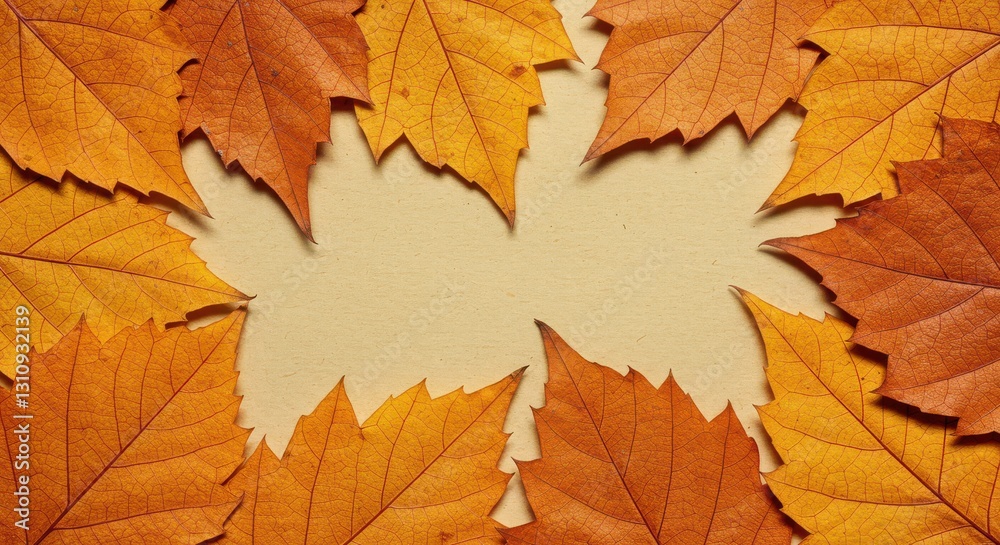 Fototapeta premium Autumn Leaves Frame with Golden and Brown Colors on Beige Background
