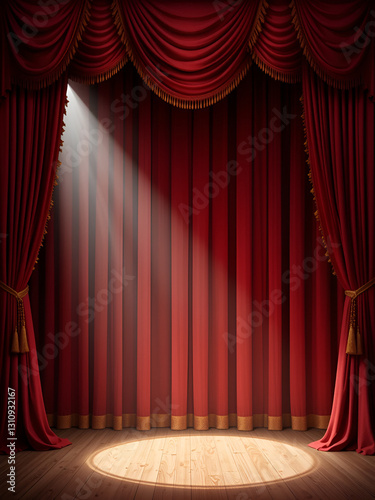 dramatic theater backdrop rich red velvet curtain ornate gold tassels and trim spotlight creating dramatic shadows hint of stage visible