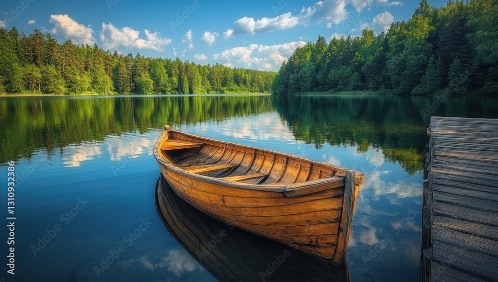Rustic wooden boat floating near a weathered wooden dock on a serene lake surrounded by lush green forest with calm water reflecting the blue sky and clouds Rustic wooden boat floating near a weathered wooden dock on a serene lake surrounded by lush green forest with calm water reflecting the blue sky and clouds
