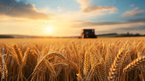 Sunset harvest close-up photography of wheat in a rural agricultural landscape
