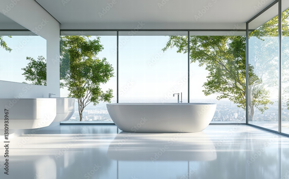 Fototapeta premium A large white bathtub sits in a bathroom with a view of the city