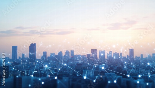 Fototapeta Naklejka Na Ścianę i Meble -  A city skyline is shown with a blue sky