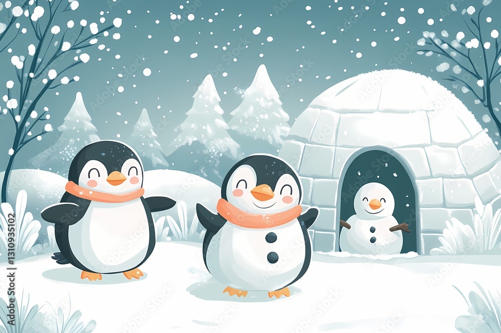 Fototapeta premium couple penguins celebrating winter with snowy background and igloo. cute flat cartoon character 