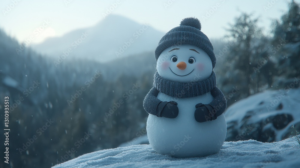 Fototapeta premium Cheerful Snowman with Hat and Scarf in Winter Wonderland Scene