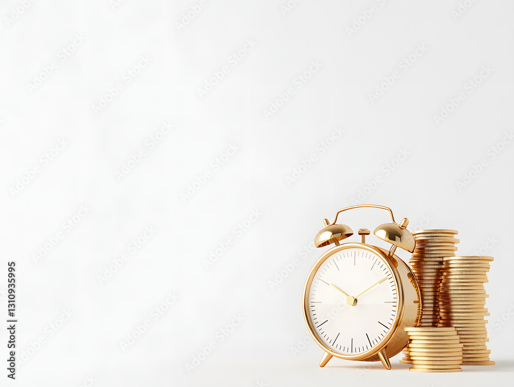 golden alarm clock stands beside tall stack of coins, symbolizing value of time and money. This evokes sense of urgency and financial growth golden alarm clock stands beside tall stack of coins, symbolizing value of time and money. This evokes sense of urgency and financial growth