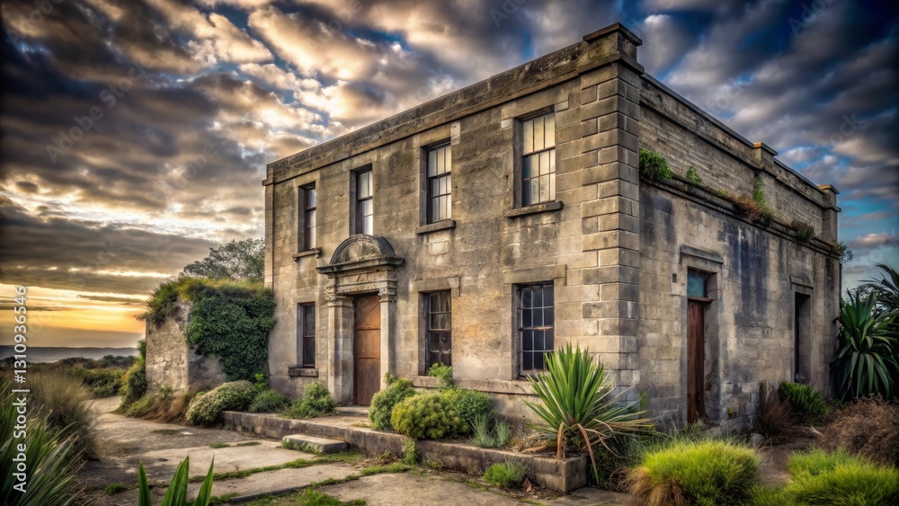 A weathered stone edifice, bathed in the golden hues of a dramatic sunset, stands solitary, its aged facade whispering tales of bygone eras, surrounded by resilient vegetation A weathered stone edifice, bathed in the golden hues of a dramatic sunset, stands solitary, its aged facade whispering tales of bygone eras, surrounded by resilient vegetation